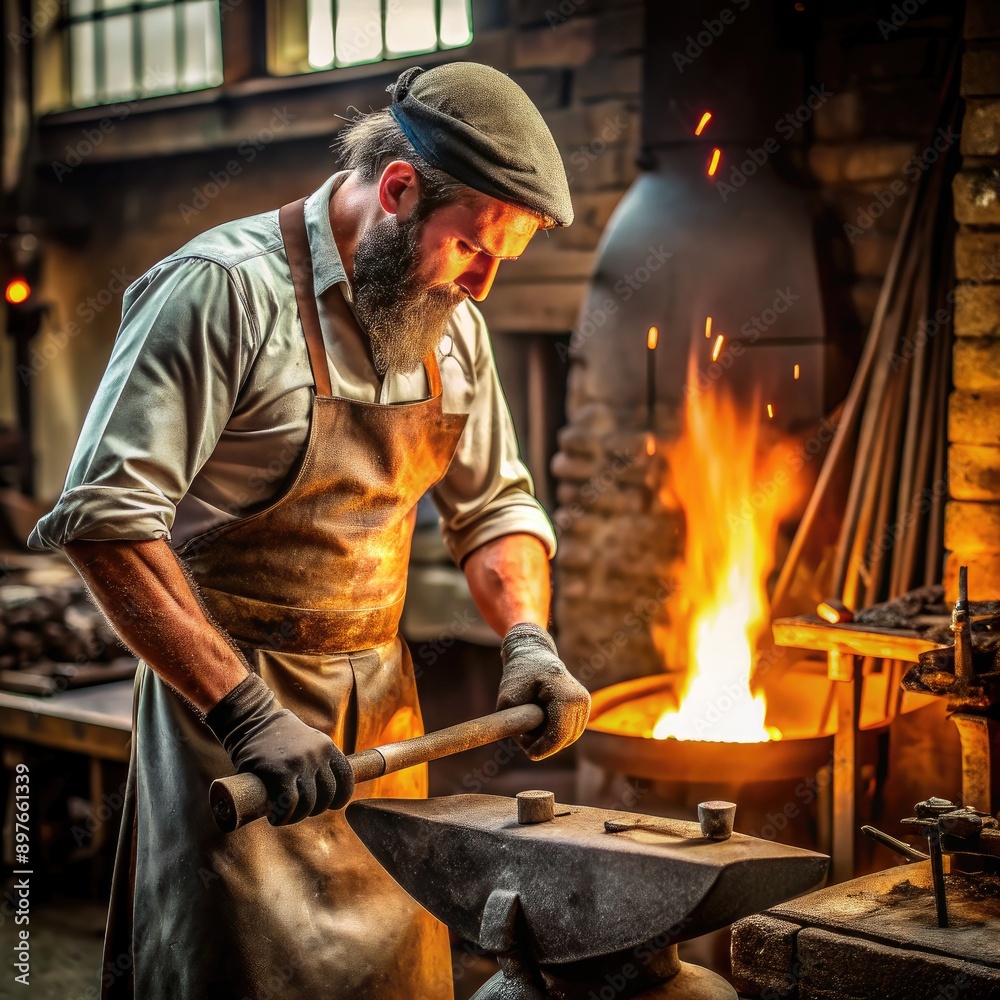 Bearded Blacksmith Working With Metal in a Historic Forge. Generative AI Bearded Blacksmith Working With Metal in a Historic Forge. Generative AI