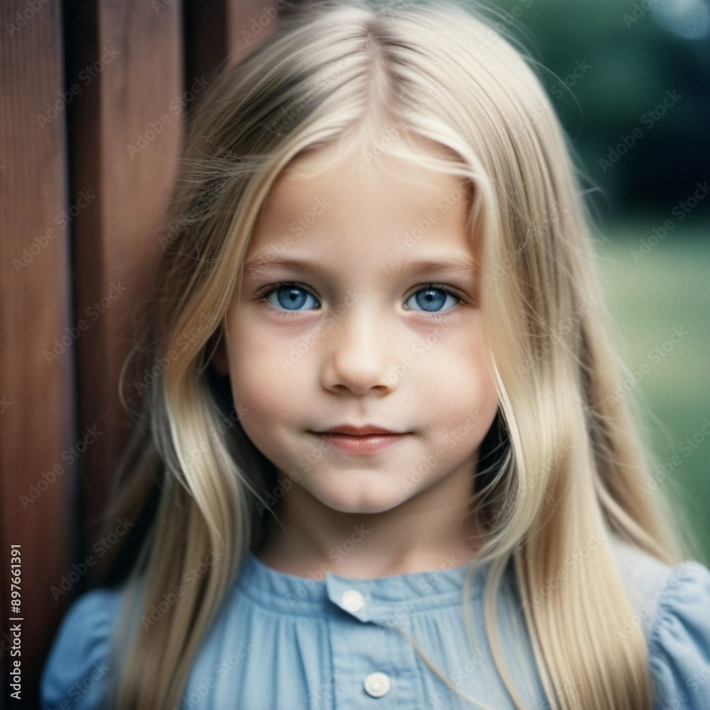 Portrait of a small beautiful pretty Caucasian girl with long blond flowing hair, blue eyes and chubby cheeks. Child outdoors. Direct, intelligent, calm, curious look. Childhood, retro vintage. AI Portrait of a small beautiful pretty Caucasian girl with long blond flowing hair, blue eyes and chubby cheeks. Child outdoors. Direct, intelligent, calm, curious look. Childhood, retro vintage. AI