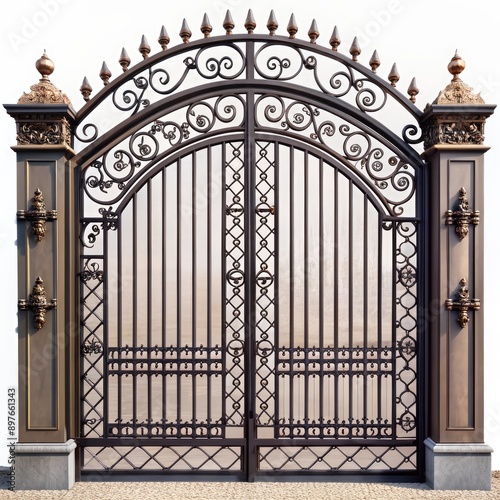 Ornate Metal Gate With Forged Elements Against a White Background. Generative AI photo