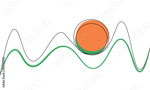 Mountains and sun continuous line sketch minimalist design sign symbol icon. Orange disk and green mountains one line art outline logo. Doodle line abstract background. Vector illustration.	