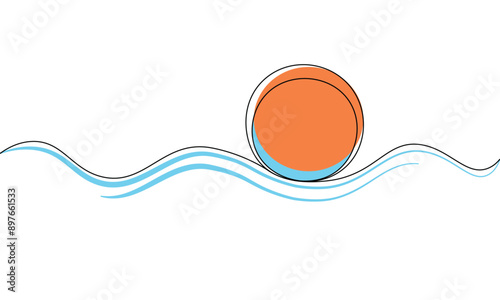 Sea and sun continuous line sketch minimalist design sign symbol icon. Orange disk and blue waves one line art outline logo. Doodle line abstract background. Vector illustration.	
