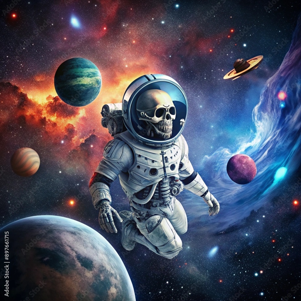 A skeleton in a space suit, floating in space with stars, planets, and a space shuttle in the background ,generative ai A skeleton in a space suit, floating in space with stars, planets, and a space shuttle in the background ,generative ai