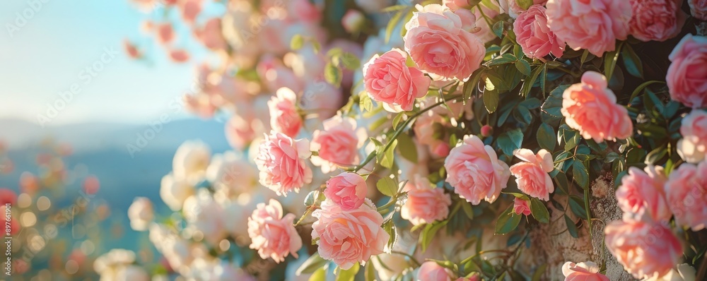 Obraz premium Beautiful arrangement of pink roses and white peonies in a garden setting