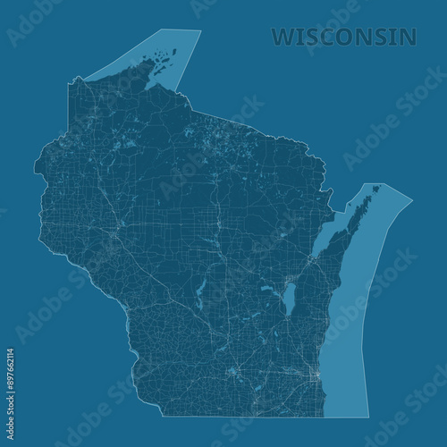 Wisconsin, United States artistic blueprint map poster