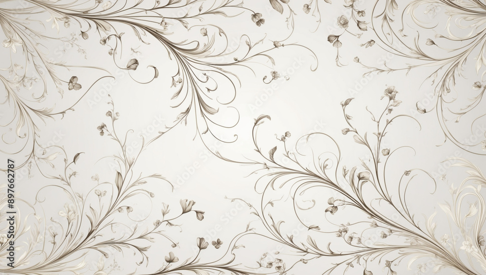 Seamless Abstract Black and White Floral Vines Pattern on a Cream Background