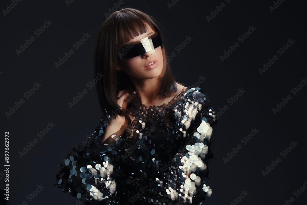 Woman in sequinned dress and sunglasses poses confidently against a black background, showcasing elegance and glamour Woman in sequinned dress and sunglasses poses confidently against a black background, showcasing elegance and glamour