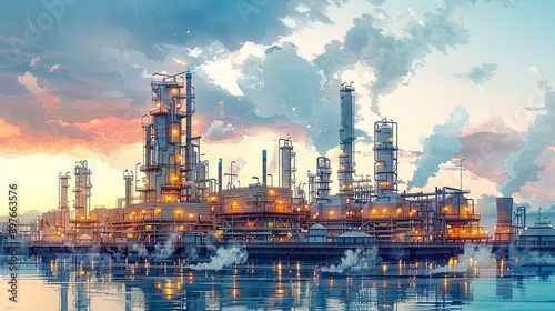 Detailed depiction of safety equipment and protocols in an industrial setting, emphasizing the critical importance of technology and safety in chemical and petroleum operations. Watercolor style,