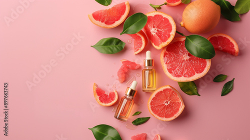 Natural vitamin c serum, skincare, essential oil products. Bottle of vitamin C serum with fresh juicy orange fruit. Beauty product branding mock-up. 