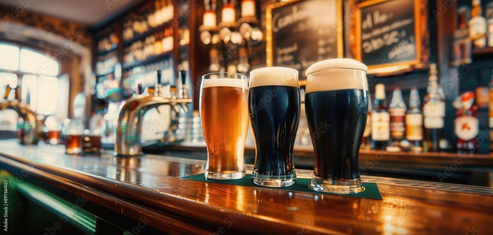 Three glasses of beer with varying shades of amber and brown, different tastes of beer on bar counter with bar shelves on background. Three glasses of beer with varying shades of amber and brown, different tastes of beer on bar counter with bar shelves on background.