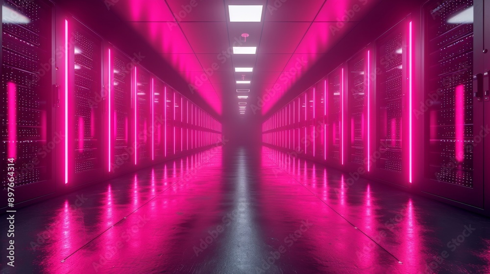 Modern data center with pink neon lights, high-tech computing environment. Futuristic technology and innovation concept Modern data center with pink neon lights, high-tech computing environment. Futuristic technology and innovation concept
