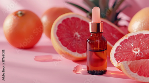 Natural vitamin c serum, skincare, essential oil products. Bottle of vitamin C serum with fresh juicy orange fruit. Beauty product branding mock-up. 