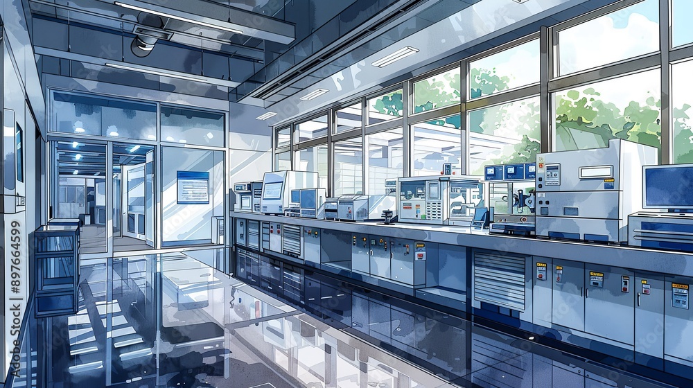 Impressive depiction of a quality control laboratory, showcasing the advanced technology and precision required in industrial operations. Watercolor style, high resolution Illustration, in the style Impressive depiction of a quality control laboratory, showcasing the advanced technology and precision required in industrial operations. Watercolor style, high resolution Illustration, in the style