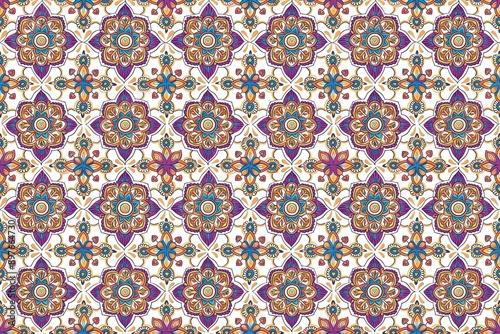 Exquisite hand-drawn mandala pattern with vibrant traditional Indian colors on a pristine white background