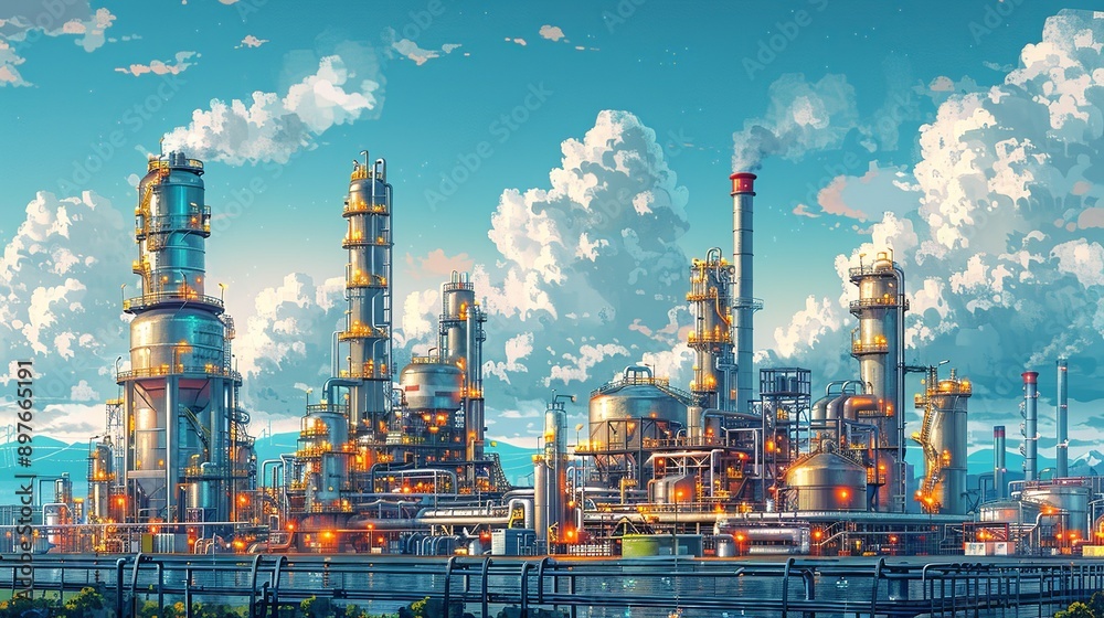 Obraz premium Stunning background of industrial safety equipment and protocols, highlighting the critical importance of technology and safety in chemical and petroleum operations. Watercolor style, high resolution