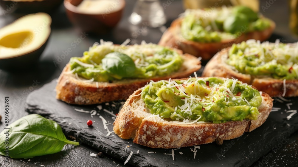 Avocado and Parmesan cheese on artisan bread Avocado and Parmesan cheese on artisan bread