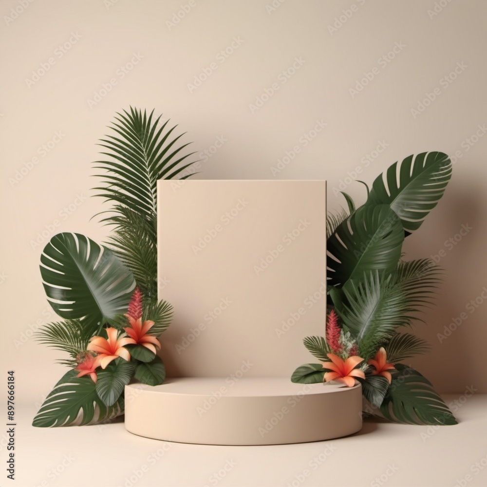 A podium or place for displaying a product. Beige color, tropical flowers and monstera leaves around the exhibition space. Advertising of cosmetics, accessories, tourist tours, perfumes. Generated AI