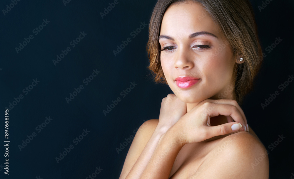 Naklejka premium Beauty, thinking and woman in mockup with makeup, confidence and healthy skin glow in studio. Skincare, dermatology and face of girl with luxury cosmetics, inspiration and shine on blue background