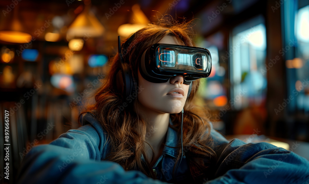 Young girl wearing virtual reality glasses. modern restaurant design in the background Young girl wearing virtual reality glasses. modern restaurant design in the background