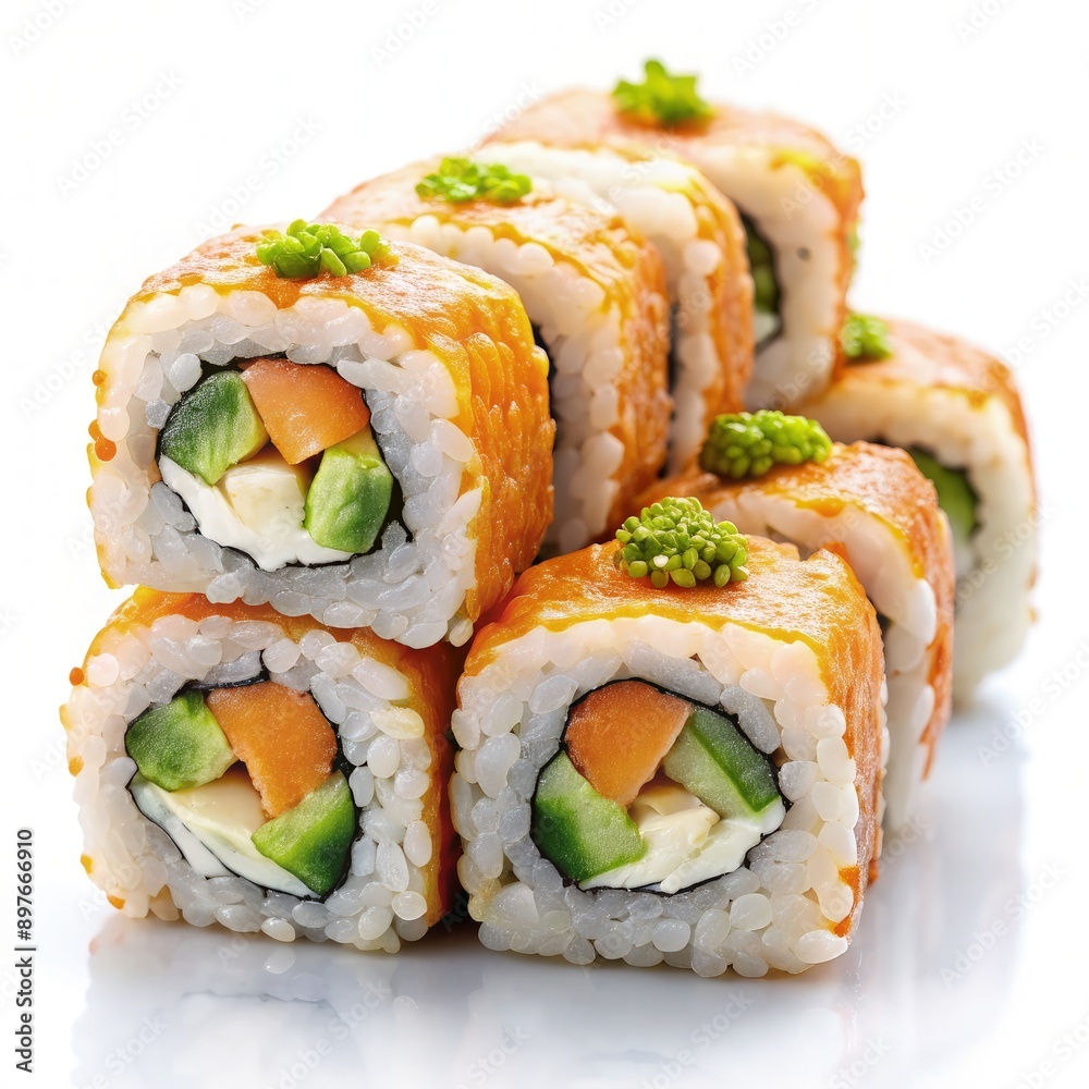 Freshly Prepared Sushi Rolls With Cream Cheese, Avocado, and Carrot. Generative AI Freshly Prepared Sushi Rolls With Cream Cheese, Avocado, and Carrot. Generative AI
