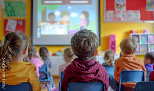 Young children watching educational animation in primary school