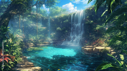 Wallpaper Mural Tropical Waterfall and Pool in Lush Jungle Setting Torontodigital.ca
