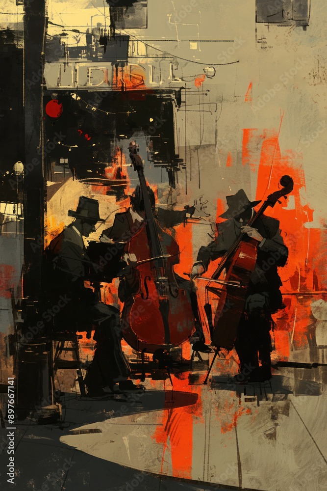 Fototapeta premium Abstract Painting of Jazz Musicians Playing on Street