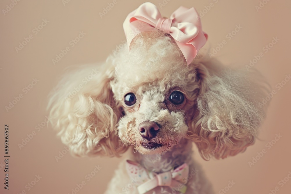Charming Poodle with stylish haircut and pink bows exuding playful elegance in pastel tones Charming Poodle with stylish haircut and pink bows exuding playful elegance in pastel tones