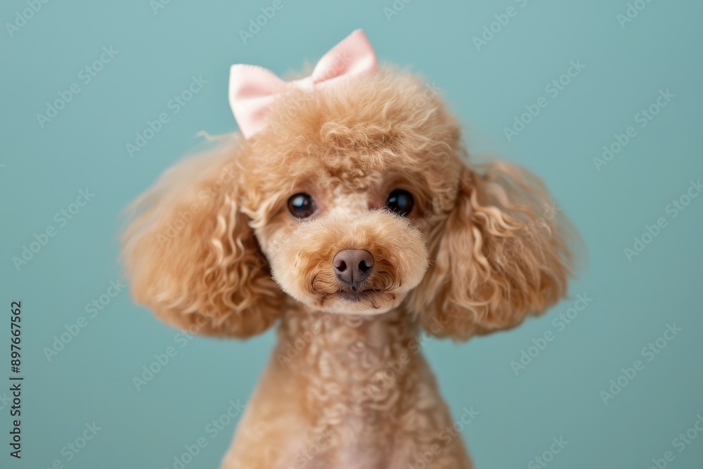 Adorable apricot Poodle with stylish haircut and pink bows, on a pastel blue background Adorable apricot Poodle with stylish haircut and pink bows, on a pastel blue background