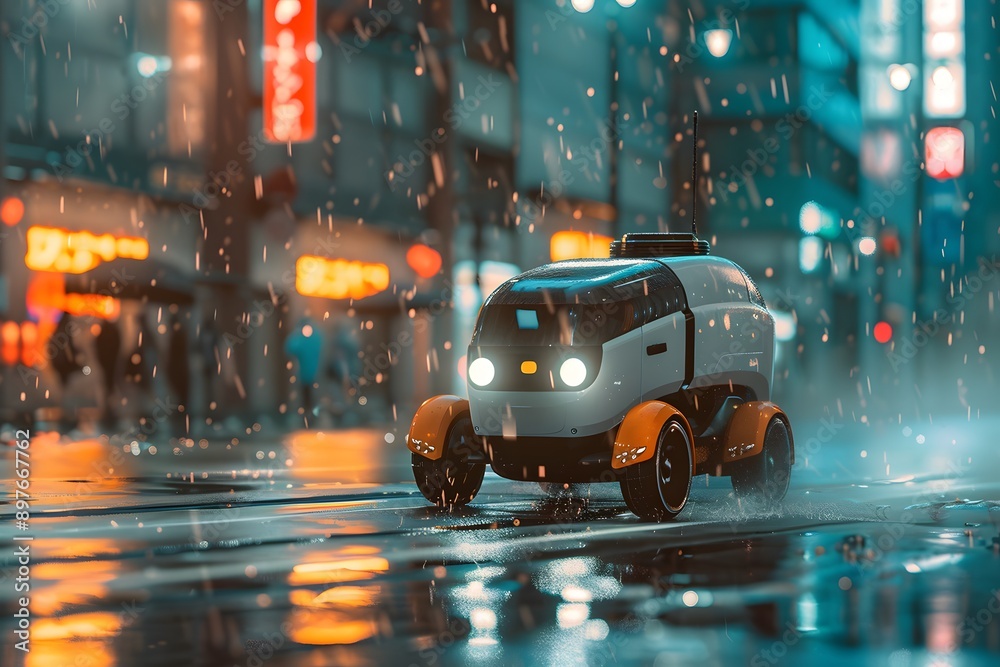 Fototapeta premium Robot courier delivers goods in the rain