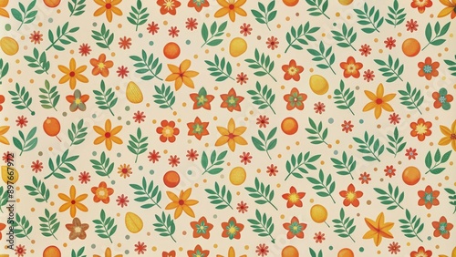 Vibrant Floral and Fruit Pattern on a Cream Background. Generative AI