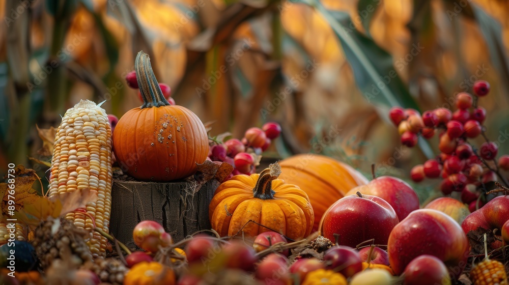 A bountiful harvest of corn, pumpkins, and apples in a field. Generative AI A bountiful harvest of corn, pumpkins, and apples in a field. Generative AI