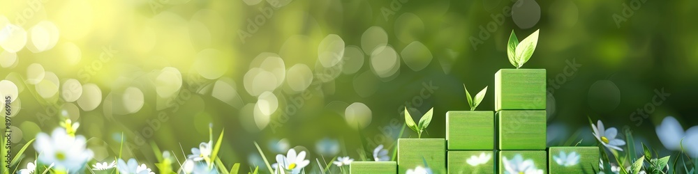 Mint green blocks form a steady economic rise, portrayed on a spring meadow background. Mint green blocks form a steady economic rise, portrayed on a spring meadow background.