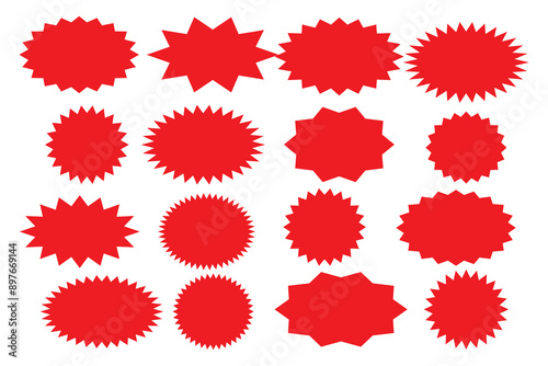 Starburst sale price stickers and labels, star and rosette, sunburst, callout and splash, stamp and tag badges. Isolated vector circle and oval red stickers, promo labels and tags with scalloped edges