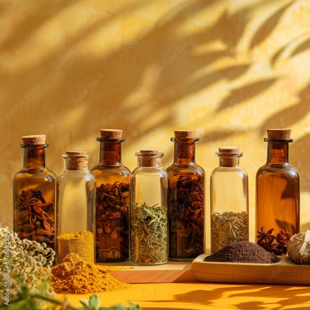 Aromatic spice jars filled with vibrant spices and herbs, casting shadows on a sunny background. Aromatic spice jars filled with vibrant spices and herbs, casting shadows on a sunny background.
