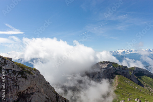 Mountain landscape partially in the clouds, view from Pilatus mountain peak, Lucerne