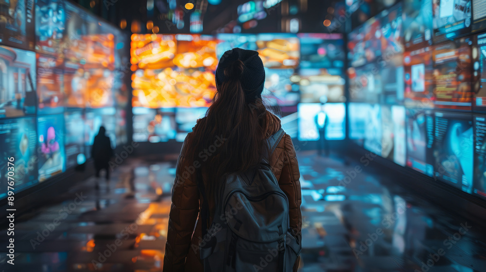 person standing in front of a wall build out of multiple screens, an advertising video on each screen, overwhelming vibes.generative ai