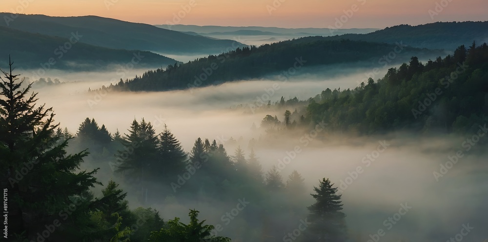 Fototapeta premium A Gentle Sunrise Over A Misty Forest
