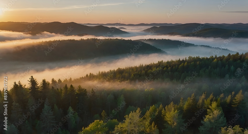 Fototapeta premium A Gentle Sunrise Over A Misty Forest