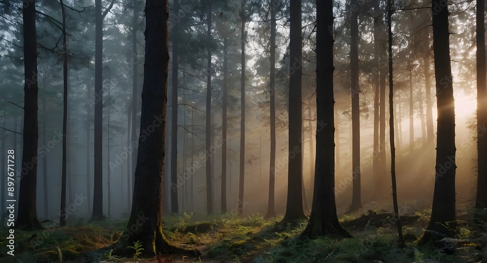Fototapeta premium A Gentle Sunrise Over A Misty Forest