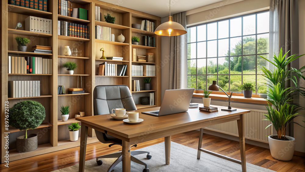 Cozy home office with a desk, chair, and bookshelves filled with educational resources, a laptop, and a cup of coffee, conveying a teacher's workspace. Cozy home office with a desk, chair, and bookshelves filled with educational resources, a laptop, and a cup of coffee, conveying a teacher's workspace.