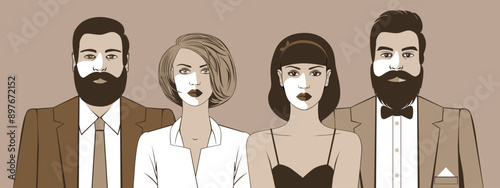 Four young people in elegant clothes for a wedding or celebration. Couples in love, men and women in evening wear, dress code, party, holiday. Illustration of modern city life. Vector illustration