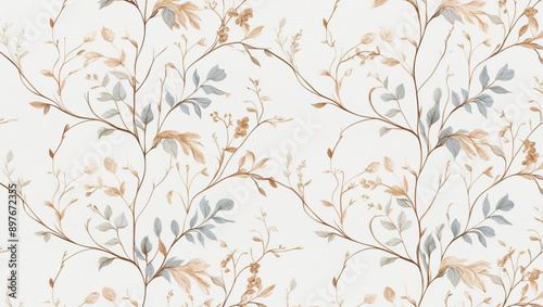Seamless Abstract Watercolor Floral Pattern With Grey and Beige Leaves on White Background