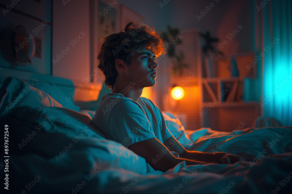 A young man with a sleep disorder sits on his bed in his room at night, suffering from insomnia and unable to sleep. A young man with a sleep disorder sits on his bed in his room at night, suffering from insomnia and unable to sleep.