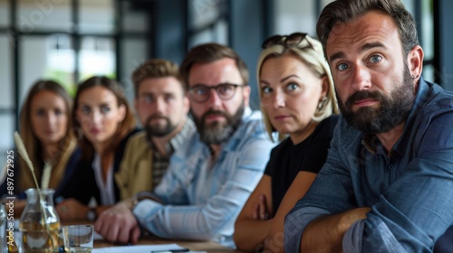 A diverse group of professionals engaged in a serious discussion around a conference table, highlighting teamwork and collaboration.