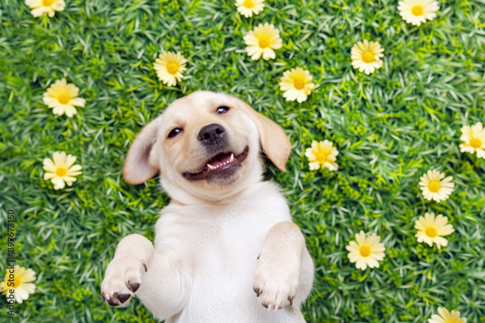 A golden retriever puppy laying on its back among greenery and yellow flowers, looking happy and carefree A golden retriever puppy laying on its back among greenery and yellow flowers, looking happy and carefree