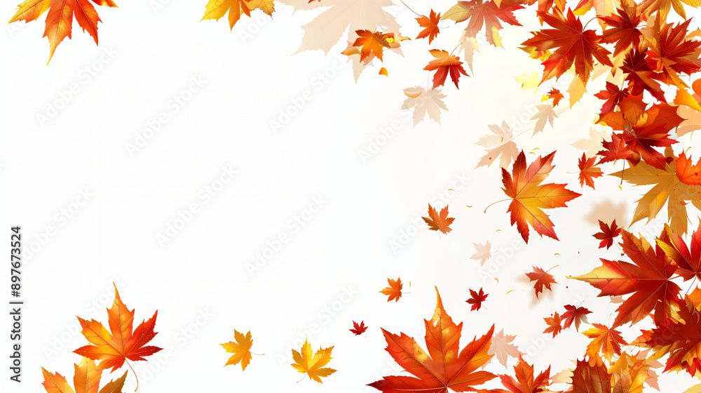 Vibrant red and orange autumn leaves falling in a flurry, framing a white background Vibrant red and orange autumn leaves falling in a flurry, framing a white background