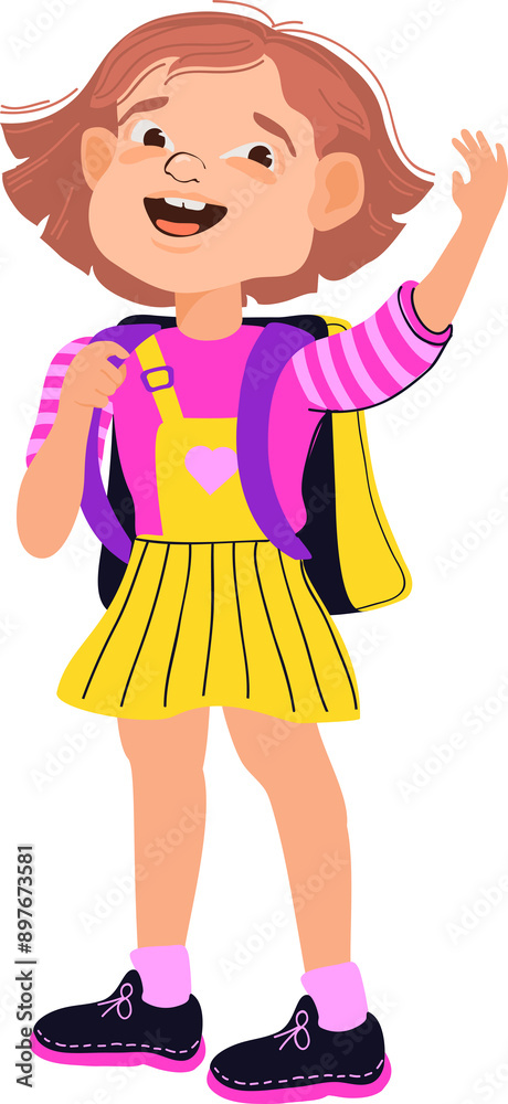 Cute school girl with backpack ready to go to school. Happy student. Elementary school pupil. Cheerful young lady. Back to school cartoon character. Little schoolgirl with schoolbag. Cute school girl with backpack ready to go to school. Happy student. Elementary school pupil. Cheerful young lady. Back to school cartoon character. Little schoolgirl with schoolbag.