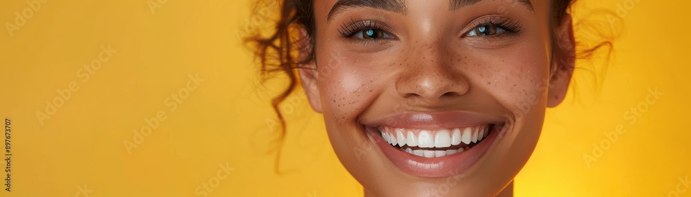 A joyful woman smiles brightly against a vibrant yellow background, radiating positivity and happiness. A joyful woman smiles brightly against a vibrant yellow background, radiating positivity and happiness.