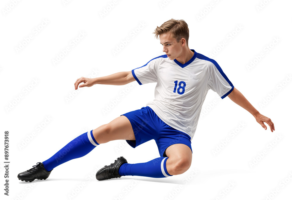 Professional soccer player doing sliding tackle on isolated background