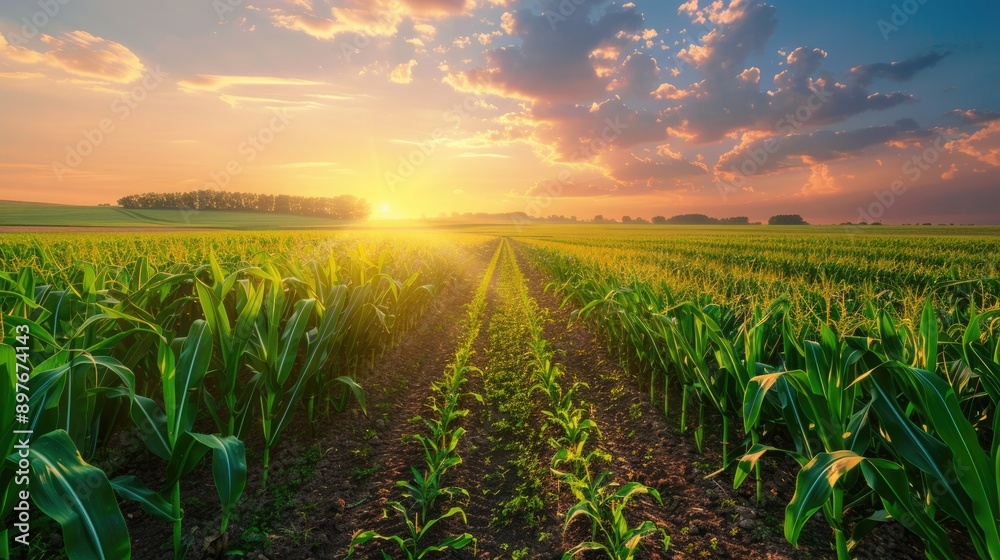 Corn Field Path. Beautiful Landscape of Farm at Sunrise with Blue Sky Corn Field Path. Beautiful Landscape of Farm at Sunrise with Blue Sky